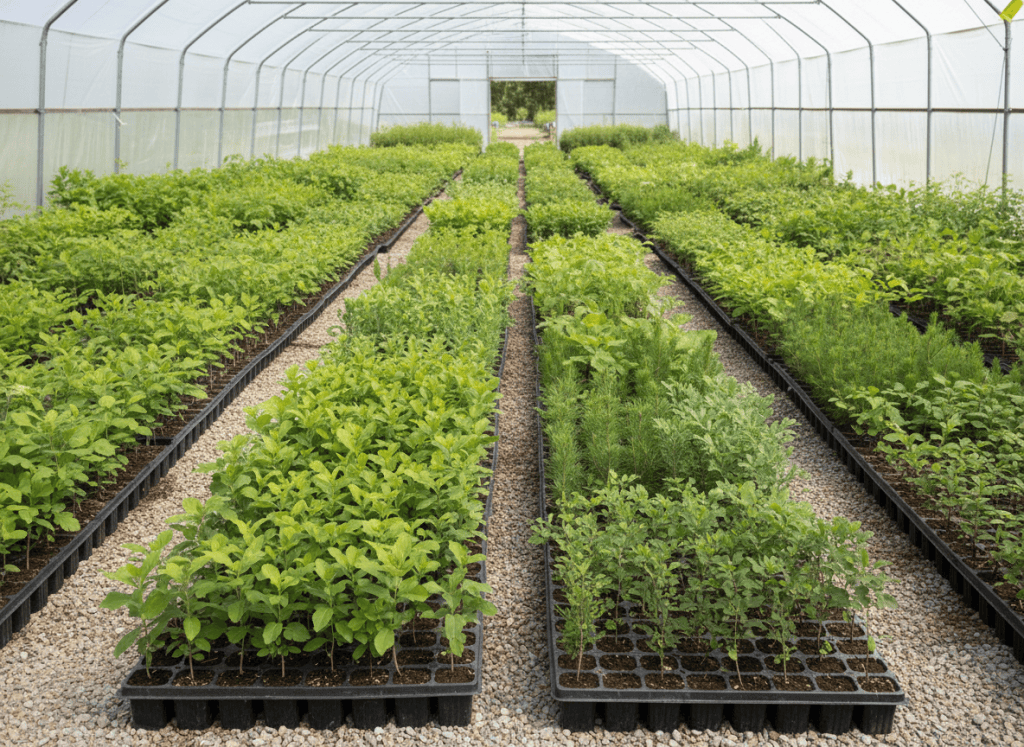 A clear, realistic Shackan Nursery-style photograph of healthy native tree seedlings growing in organized nursery trays, suitable for a Native Trees for Restoration u0026 Rewilding page. Natural daylight, professional documentary photography, no text, no logos, landscape orientation.